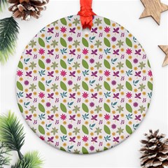 Pattern Flowers Leaves Green Purple Pink Ornament (round)