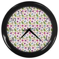 Pattern Flowers Leaves Green Purple Pink Wall Clock (black)