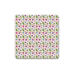 Pattern Flowers Leaves Green Purple Pink Square Magnet by Maspions