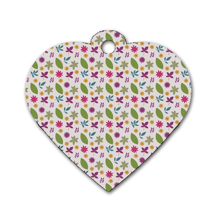 Pattern Flowers Leaves Green Purple Pink Dog Tag Heart (One Side)