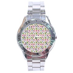 Pattern Flowers Leaves Green Purple Pink Stainless Steel Analogue Watch by Maspions