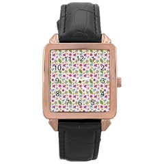 Pattern Flowers Leaves Green Purple Pink Rose Gold Leather Watch  by Maspions