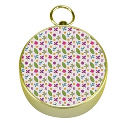 Pattern Flowers Leaves Green Purple Pink Gold Compasses