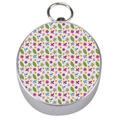 Pattern Flowers Leaves Green Purple Pink Silver Compasses