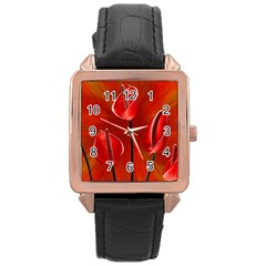 Flowers Red Rose Gold Leather Watch  by Askadina