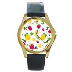 Strawberry Lemons Fruit Round Gold Metal Watch by Askadina