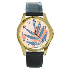 Summer Pattern Tropical Design Nature Green Plant Round Gold Metal Watch