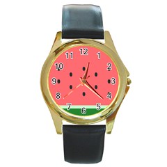 Watermelon Melon Fruit Healthy Food Meal Breakfast Lunch Juice Lemonade Summer Round Gold Metal Watch by Maspions