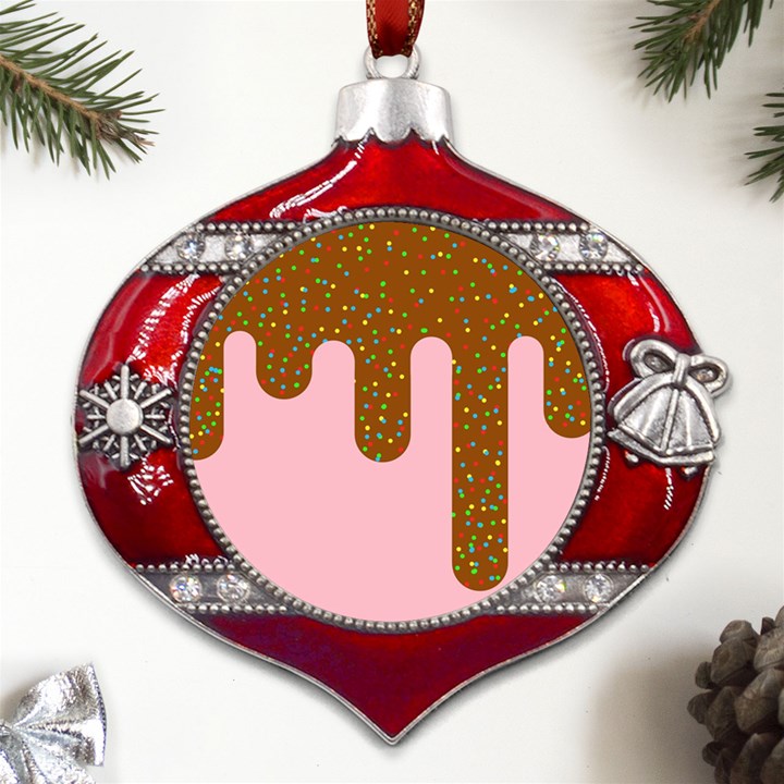 Ice Cream Dessert Food Cake Chocolate Sprinkles Sweet Colorful Drip Sauce Cute Metal Snowflake And Bell Red Ornament