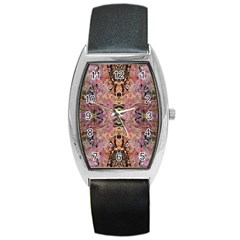 Pink On Brown Barrel Style Metal Watch by kaleidomarblingart