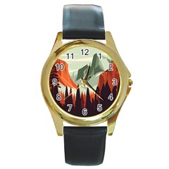 Mountain Travel Canyon Nature Tree Wood Round Gold Metal Watch