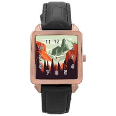 Mountain Travel Canyon Nature Tree Wood Rose Gold Leather Watch 