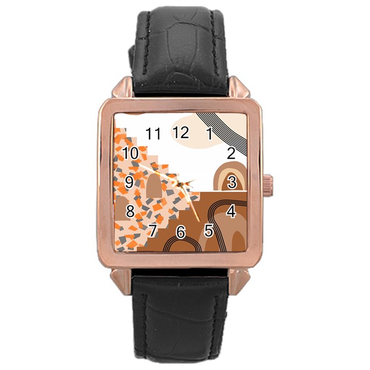 Bohemian Digital Minimalist Boho Style Geometric Abstract Art Rose Gold Leather Watch 