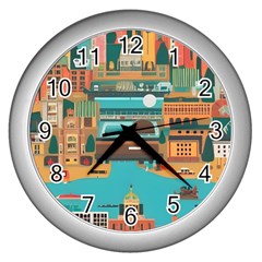 City Painting Town Urban Artwork Wall Clock (silver)