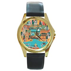 City Painting Town Urban Artwork Round Gold Metal Watch