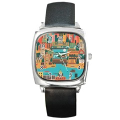 City Painting Town Urban Artwork Square Metal Watch by Maspions