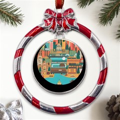 City Painting Town Urban Artwork Metal Red Ribbon Round Ornament by Maspions