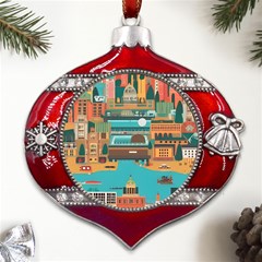 City Painting Town Urban Artwork Metal Snowflake And Bell Red Ornament