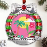 Ocean Watermelon Vibes Summer Surfing Sea Fruits Organic Fresh Beach Nature Metal X Mas Ribbon With Red Crystal Round Ornament Front