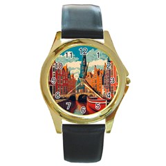 London England Bridge Europe Buildings Architecture Vintage Retro Town City Round Gold Metal Watch