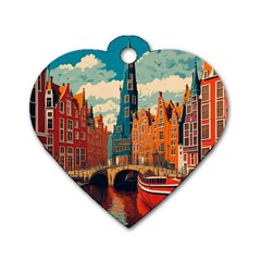 London England Bridge Europe Buildings Architecture Vintage Retro Town City Dog Tag Heart (one Side) by Maspions