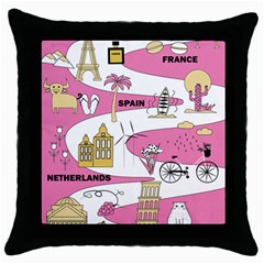 Roadmap Trip Europe Italy Spain France Netherlands Vine Cheese Map Landscape Travel World Journey Throw Pillow Case (black) by Maspions