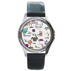 Cat Dog Pet Doodle Cartoon Sketch Cute Kitten Kitty Animal Drawing Pattern Round Metal Watch by Bedest