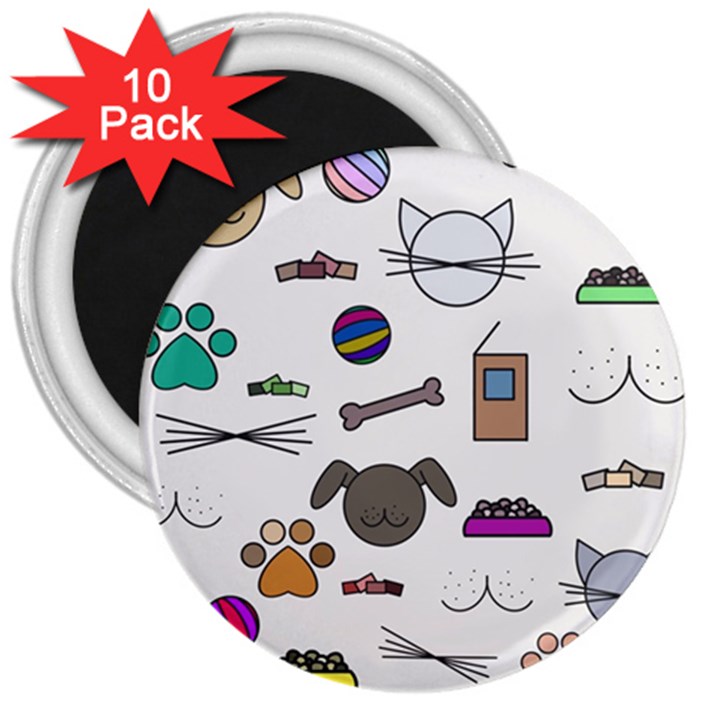 Cat Dog Pet Doodle Cartoon Sketch Cute Kitten Kitty Animal Drawing Pattern 3  Magnets (10 pack) 