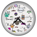 Cat Dog Pet Doodle Cartoon Sketch Cute Kitten Kitty Animal Drawing Pattern Wall Clock (Silver) Front