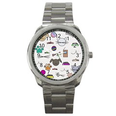 Cat Dog Pet Doodle Cartoon Sketch Cute Kitten Kitty Animal Drawing Pattern Sport Metal Watch by Bedest