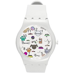 Cat Dog Pet Doodle Cartoon Sketch Cute Kitten Kitty Animal Drawing Pattern Round Plastic Sport Watch (m)