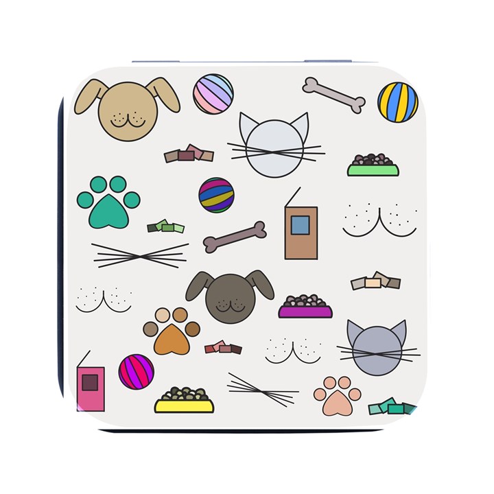 Cat Dog Pet Doodle Cartoon Sketch Cute Kitten Kitty Animal Drawing Pattern Square Metal Box (Black)