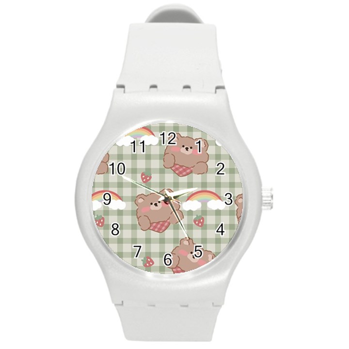 Bear Cartoon Pattern Strawberry Rainbow Nature Animal Cute Design Round Plastic Sport Watch (M)