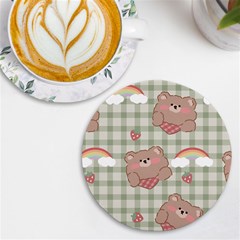 Bear Cartoon Pattern Strawberry Rainbow Nature Animal Cute Design Uv Print Round Tile Coaster by Bedest