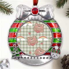 Bear Cartoon Pattern Strawberry Rainbow Nature Animal Cute Design Metal X mas Ribbon With Red Crystal Round Ornament by Bedest