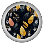 Gold Yellow Leaves Fauna Dark Background Dark Black Background Black Nature Forest Texture Wall Wall Wall Clock (Silver) Front