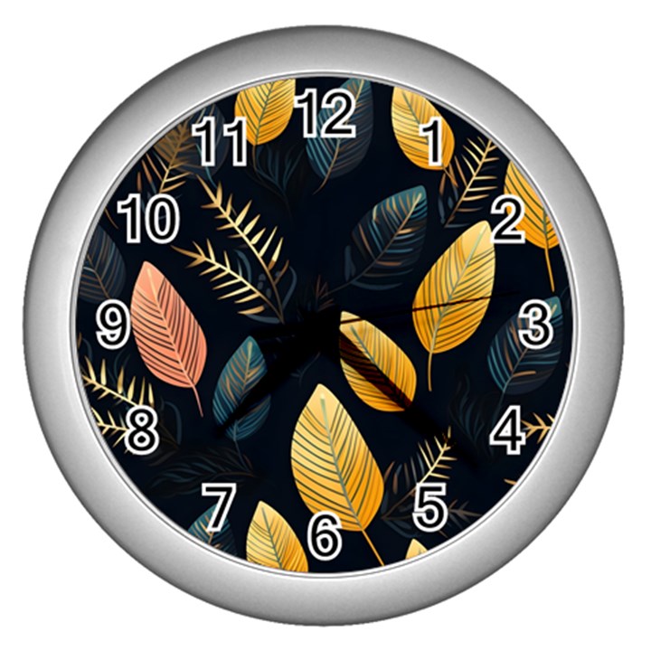 Gold Yellow Leaves Fauna Dark Background Dark Black Background Black Nature Forest Texture Wall Wall Wall Clock (Silver)