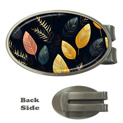 Gold Yellow Leaves Fauna Dark Background Dark Black Background Black Nature Forest Texture Wall Wall Money Clips (oval)  by Bedest