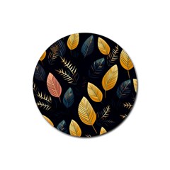 Gold Yellow Leaves Fauna Dark Background Dark Black Background Black Nature Forest Texture Wall Wall Rubber Round Coaster (4 Pack) by Bedest