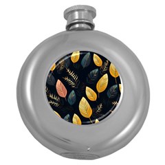 Gold Yellow Leaves Fauna Dark Background Dark Black Background Black Nature Forest Texture Wall Wall Round Hip Flask (5 Oz) by Bedest