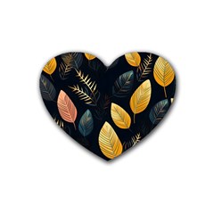 Gold Yellow Leaves Fauna Dark Background Dark Black Background Black Nature Forest Texture Wall Wall Rubber Heart Coaster (4 Pack) by Bedest