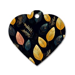 Gold Yellow Leaves Fauna Dark Background Dark Black Background Black Nature Forest Texture Wall Wall Dog Tag Heart (one Side) by Bedest