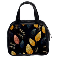 Gold Yellow Leaves Fauna Dark Background Dark Black Background Black Nature Forest Texture Wall Wall Classic Handbag (two Sides) by Bedest