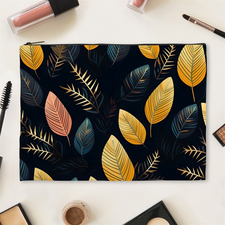 Gold Yellow Leaves Fauna Dark Background Dark Black Background Black Nature Forest Texture Wall Wall Cosmetic Bag (XL)