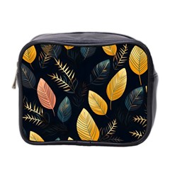 Gold Yellow Leaves Fauna Dark Background Dark Black Background Black Nature Forest Texture Wall Wall Mini Toiletries Bag (two Sides) by Bedest