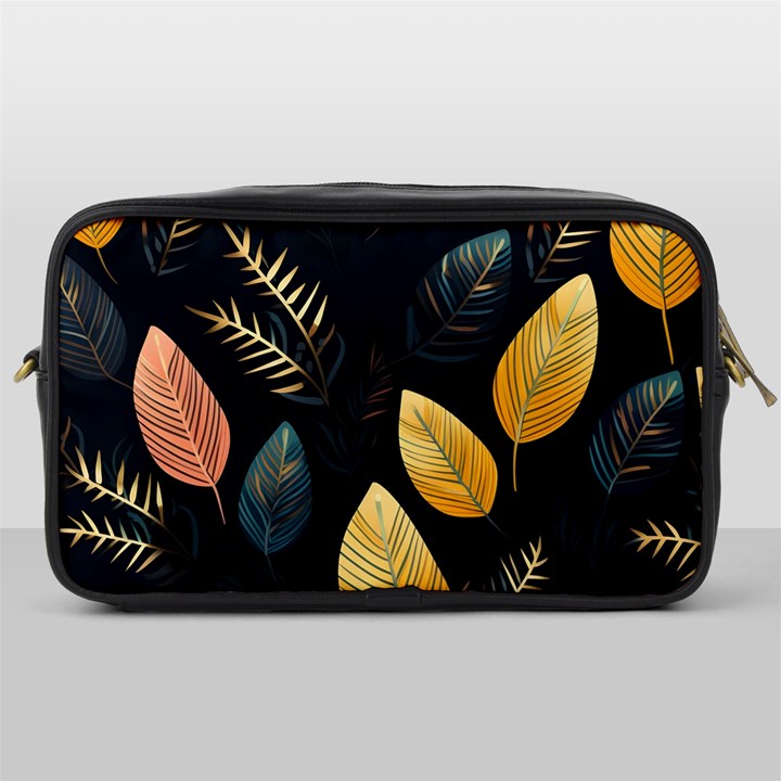 Gold Yellow Leaves Fauna Dark Background Dark Black Background Black Nature Forest Texture Wall Wall Toiletries Bag (One Side)