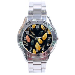 Gold Yellow Leaves Fauna Dark Background Dark Black Background Black Nature Forest Texture Wall Wall Stainless Steel Analogue Watch by Bedest