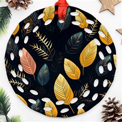 Gold Yellow Leaves Fauna Dark Background Dark Black Background Black Nature Forest Texture Wall Wall Round Filigree Ornament (two Sides) by Bedest