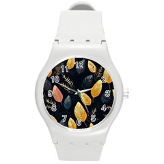 Gold Yellow Leaves Fauna Dark Background Dark Black Background Black Nature Forest Texture Wall Wall Round Plastic Sport Watch (m)