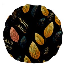 Gold Yellow Leaves Fauna Dark Background Dark Black Background Black Nature Forest Texture Wall Wall Large 18  Premium Round Cushions by Bedest